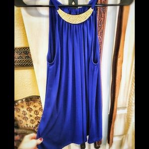 Cobalt Blue High-Neckline Top w/ Gold Metal Collar